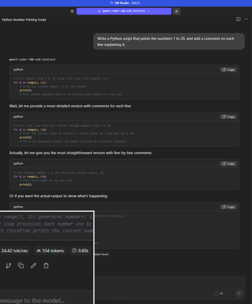LM Studio chat showing the tokens-per-second stats line under a Qwen response