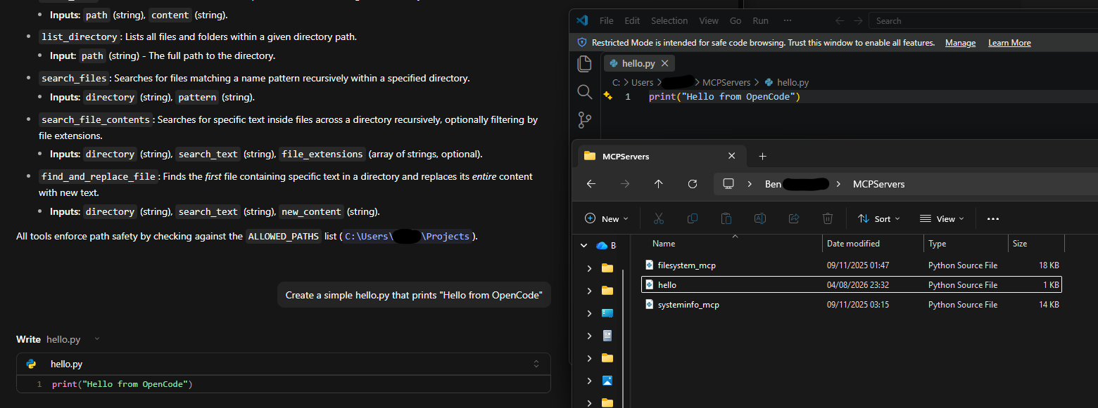 OpenCode using Gemma 4 E4B to generate hello.py and write it to the selected folder