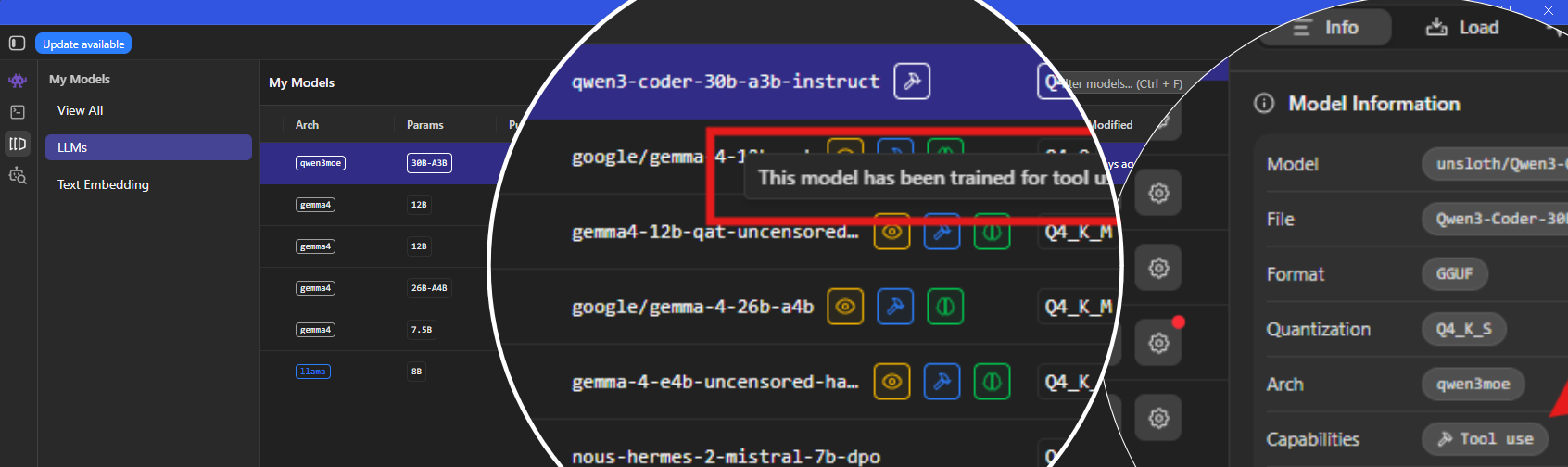 LM Studio model list showing vision, tools and reasoning capability badges