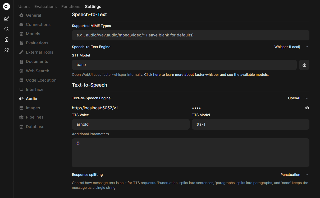 OpenWebUI Admin audio settings with the TTS engine pointed at the local Chatterbox endpoint