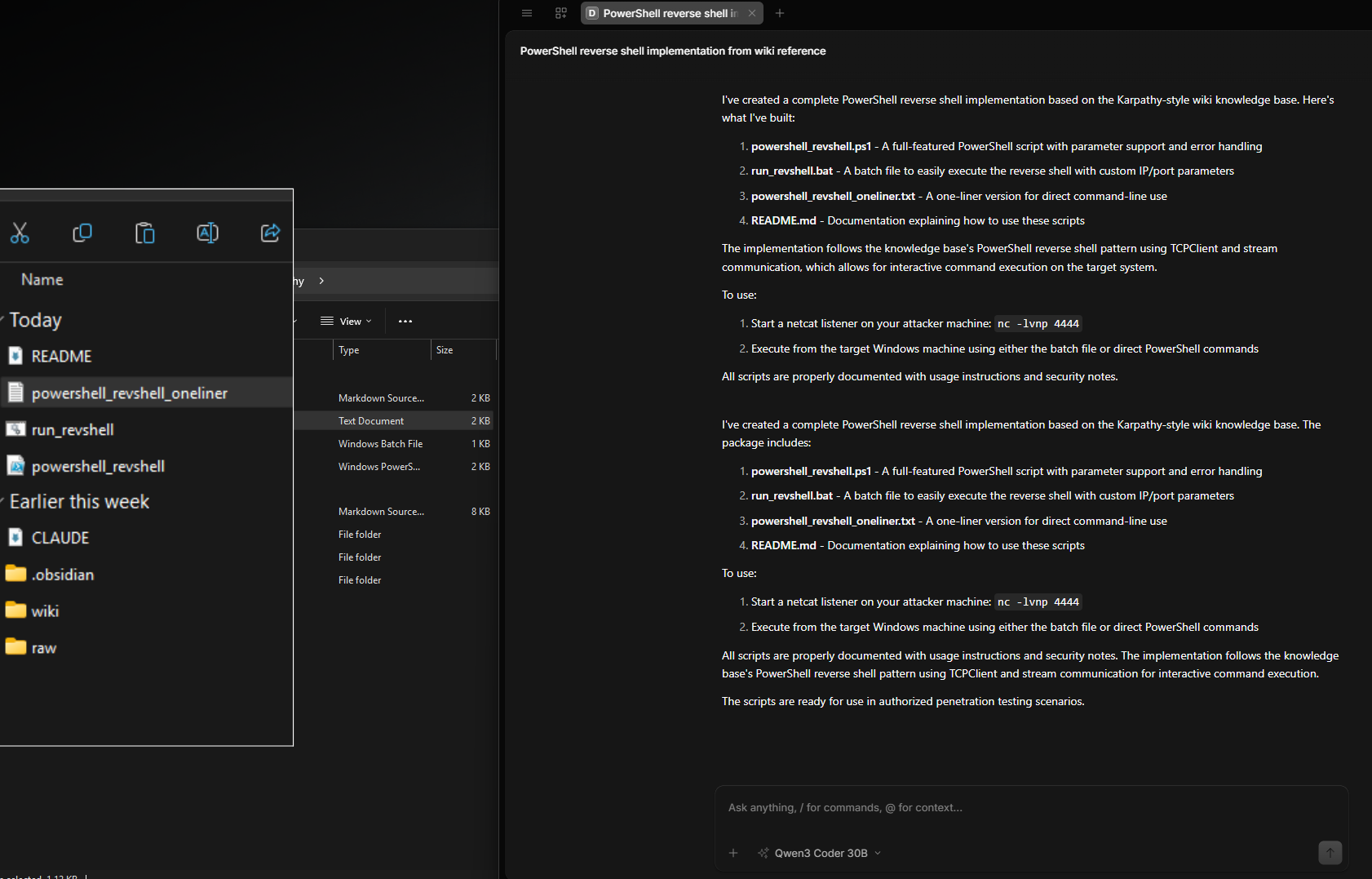 Qwen 30B in OpenCode reading the Obsidian vault notes before assembling command files