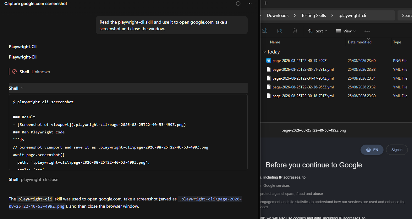 OpenCode using a playwright-cli skill to open google.com, screenshot it, and close the browser