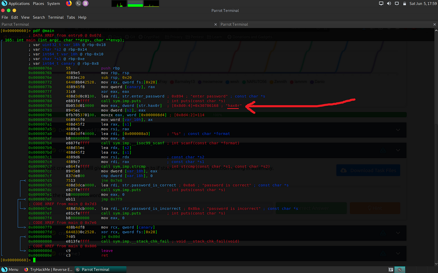 radare2 command output