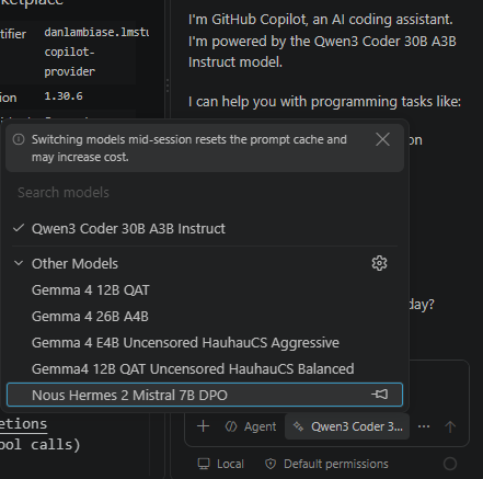 VS Code chat model picker showing local LM Studio models available for selection